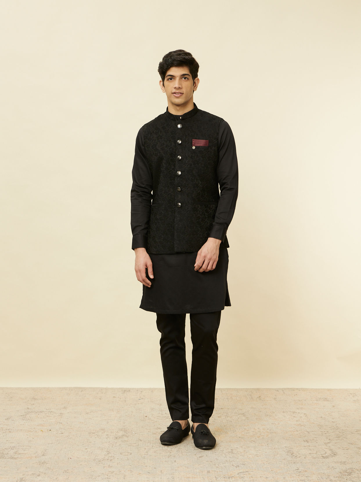 Manyavar Men Ebony Black Bel Buti Patterned Jacket