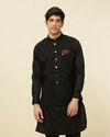 alt message - Manyavar Men Ebony Black Bel Buti Patterned Jacket image number 0