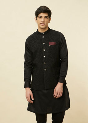 Manyavar Men Ebony Black Bel Buti Patterned Jacket