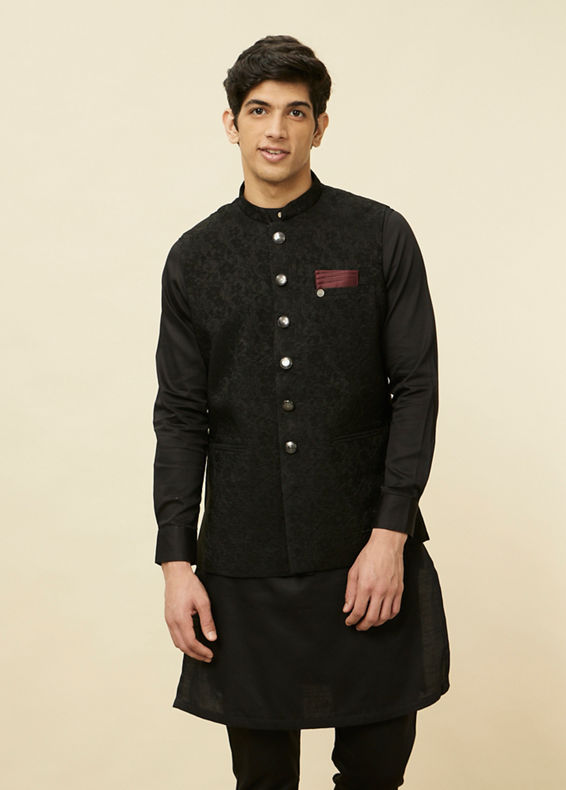 alt message - Manyavar Men Ebony Black Bel Buti Patterned Jacket