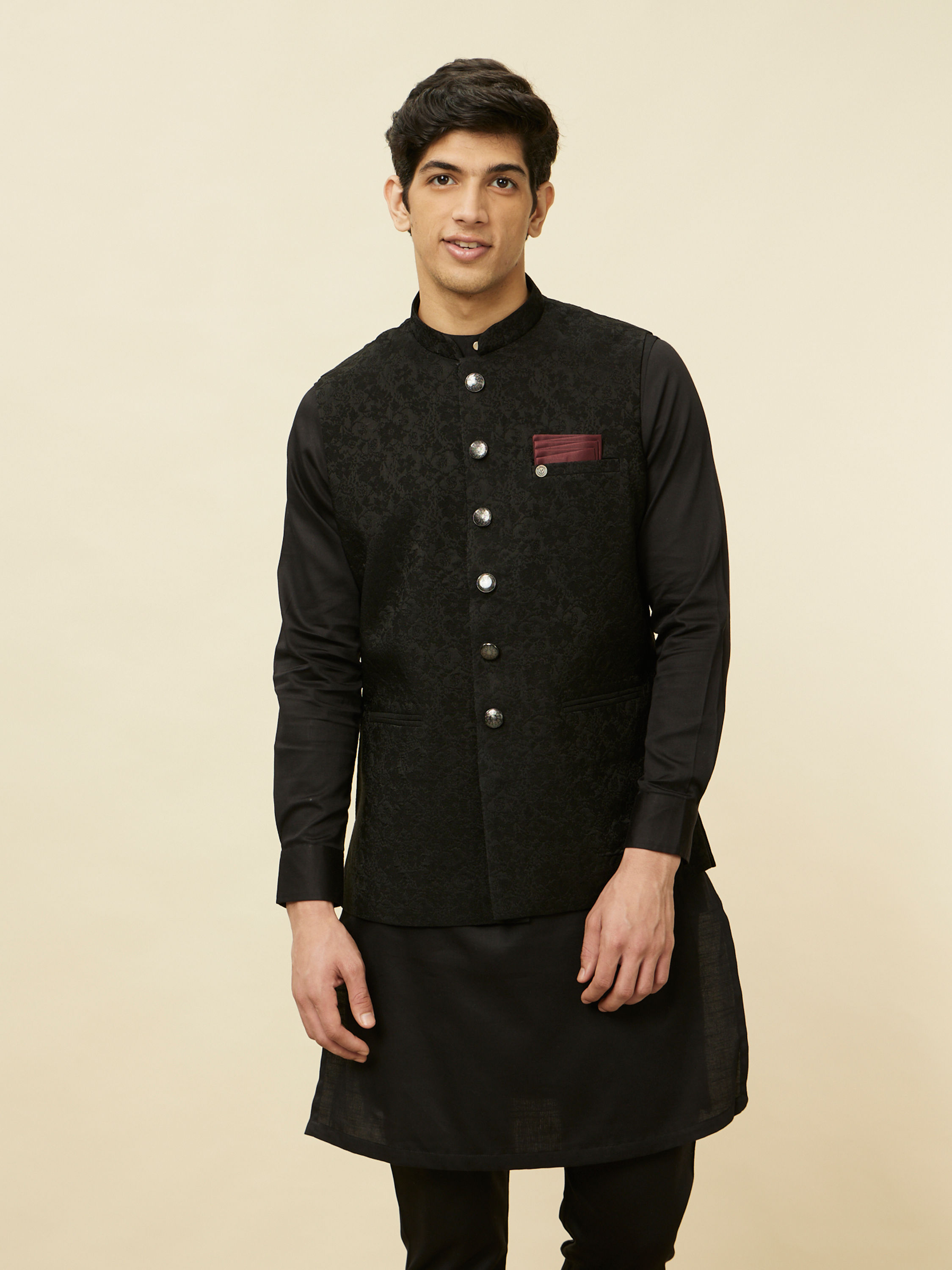 Manyavar Men Ebony Black Bel Buti Patterned Jacket