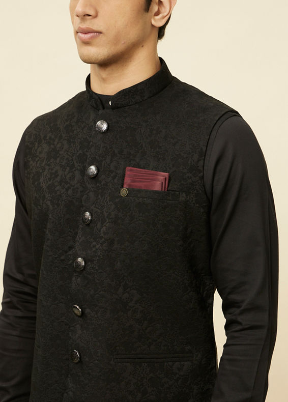 Manyavar Men Ebony Black Bel Buti Patterned Jacket