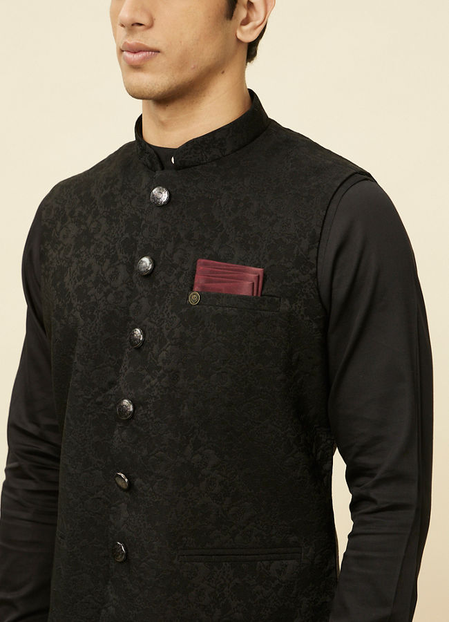 alt message - Manyavar Men Ebony Black Bel Buti Patterned Jacket image number 1