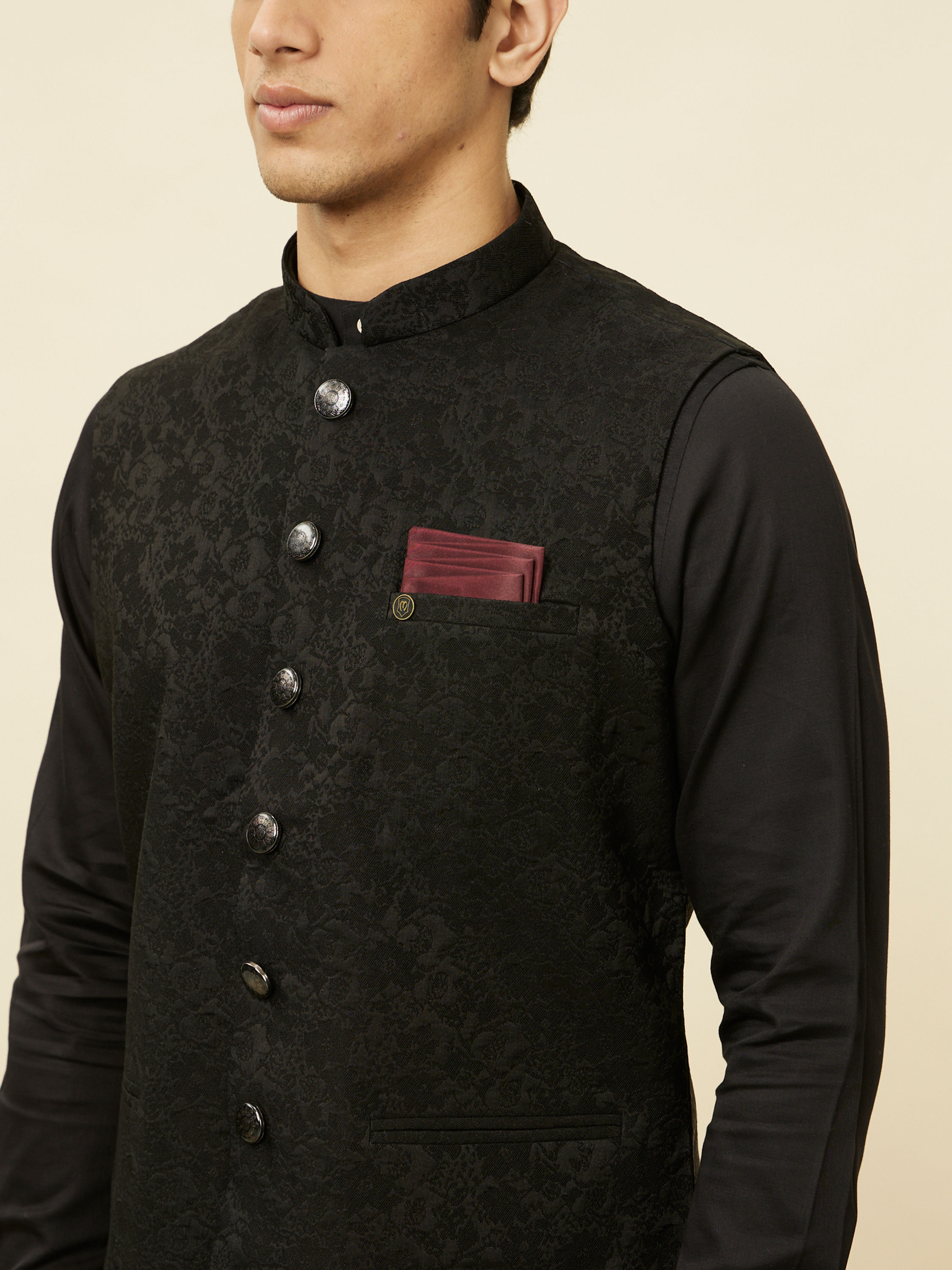 Manyavar Men Ebony Black Bel Buti Patterned Jacket