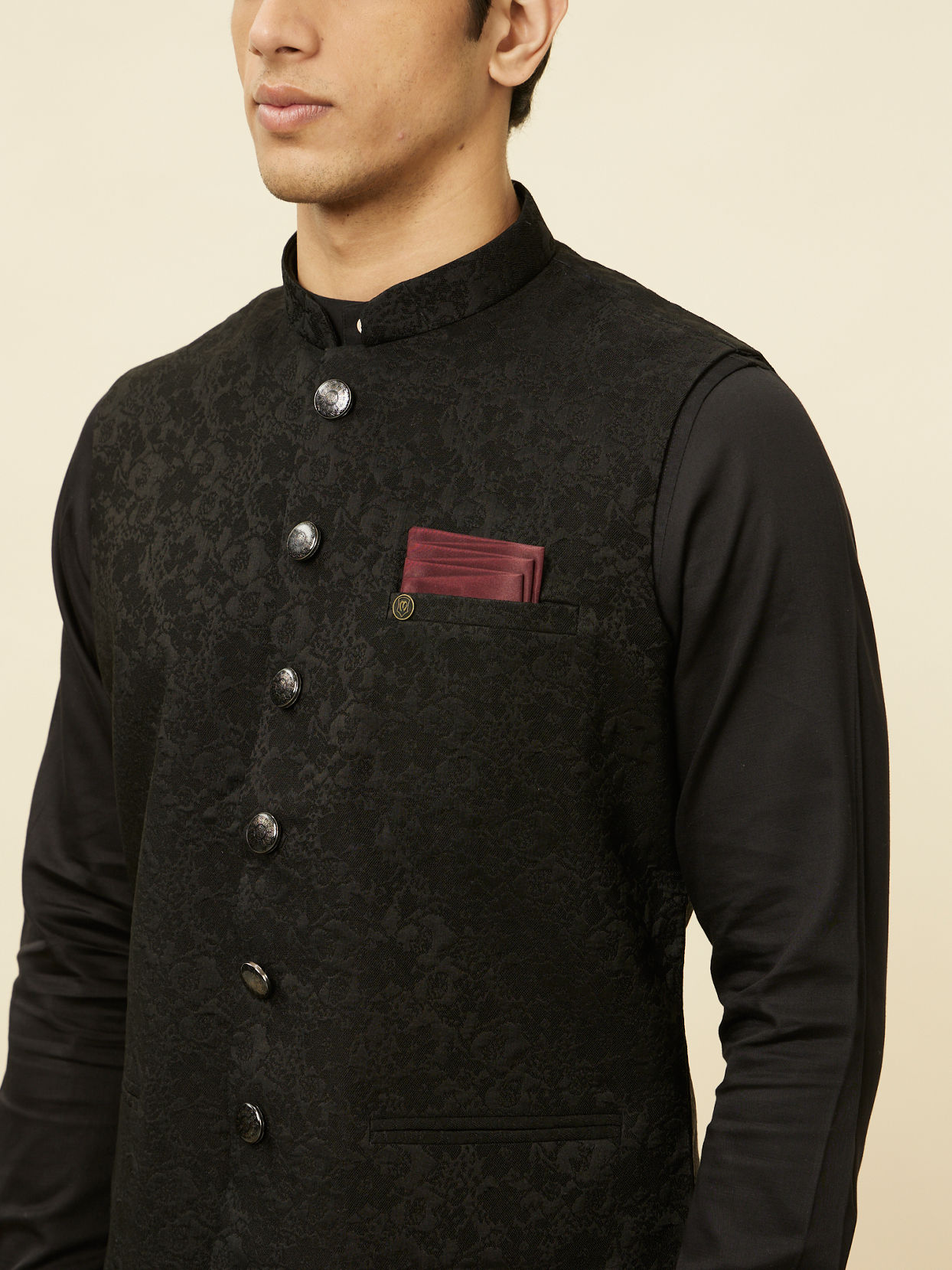 alt message - Manyavar Men Ebony Black Bel Buti Patterned Jacket image number 1