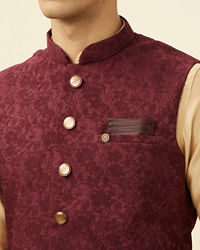 Manyavar Men Cabernet Red Bel Buti Patterned Jacket