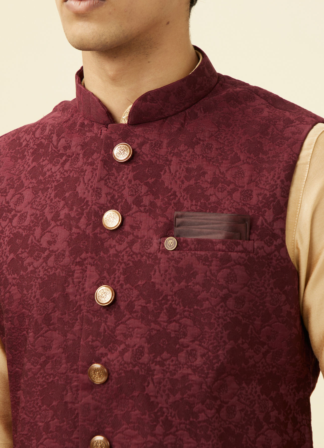 Manyavar Men Cabernet Red Bel Buti Patterned Jacket