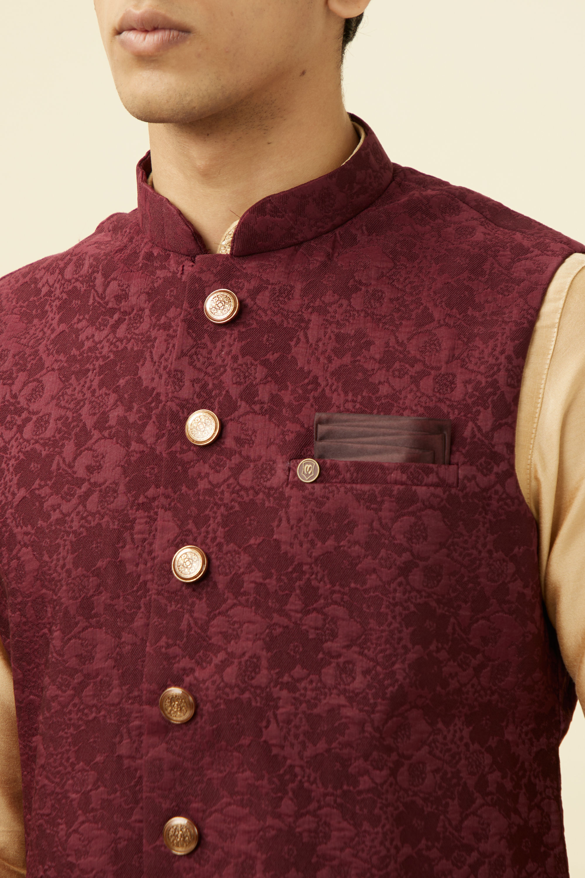 Manyavar Men Cabernet Red Bel Buti Patterned Jacket