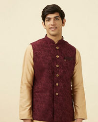 Manyavar Men Cabernet Red Bel Buti Patterned Jacket