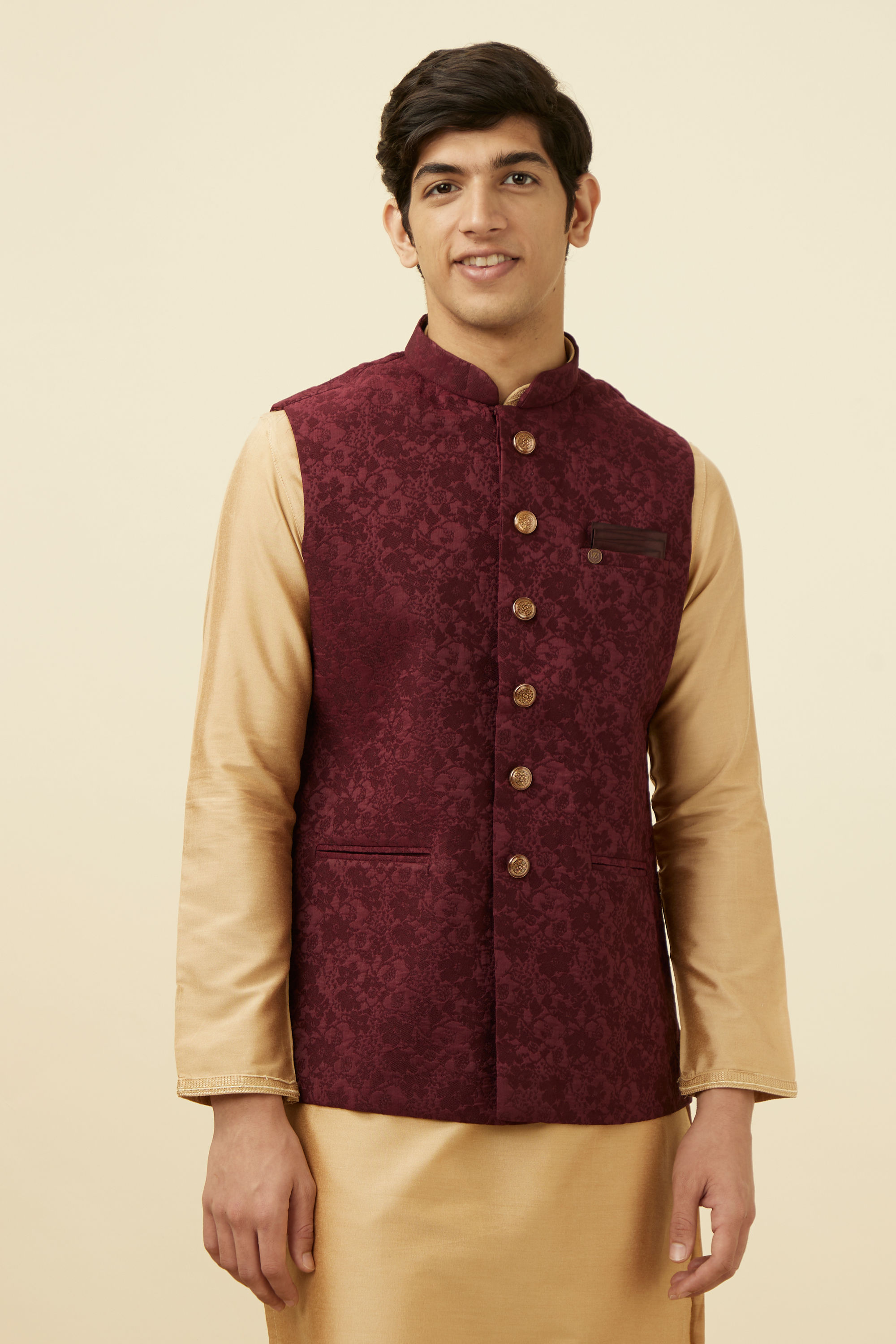 Manyavar Men Cabernet Red Bel Buti Patterned Jacket