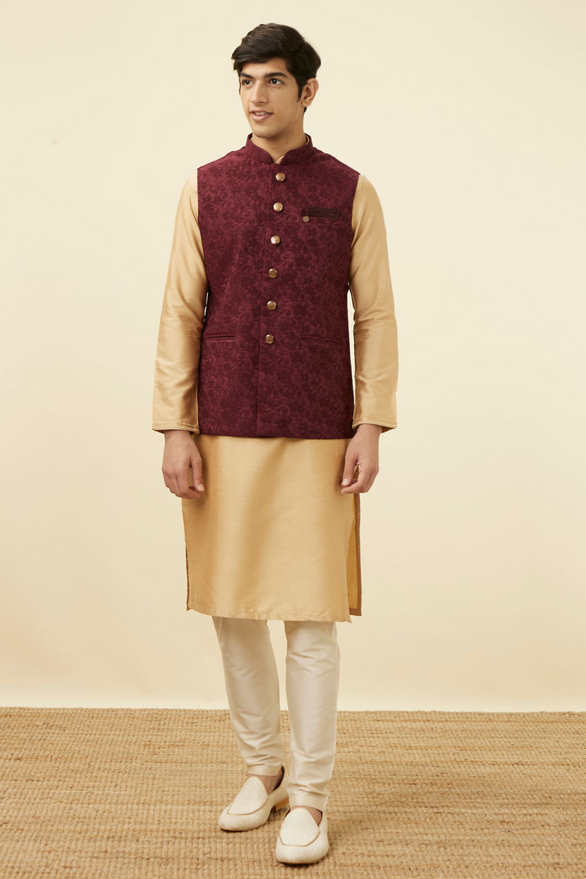 Manyavar Men Cabernet Red Bel Buti Patterned Jacket