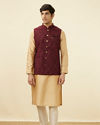 alt message - Manyavar Men Cabernet Red Bel Buti Patterned Jacket image number 2