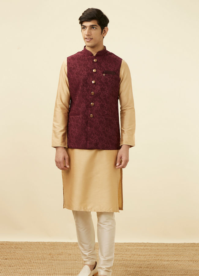 Manyavar Men Cabernet Red Bel Buti Patterned Jacket