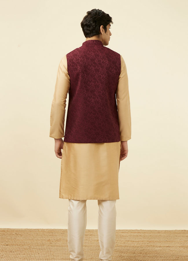 Manyavar Men Cabernet Red Bel Buti Patterned Jacket