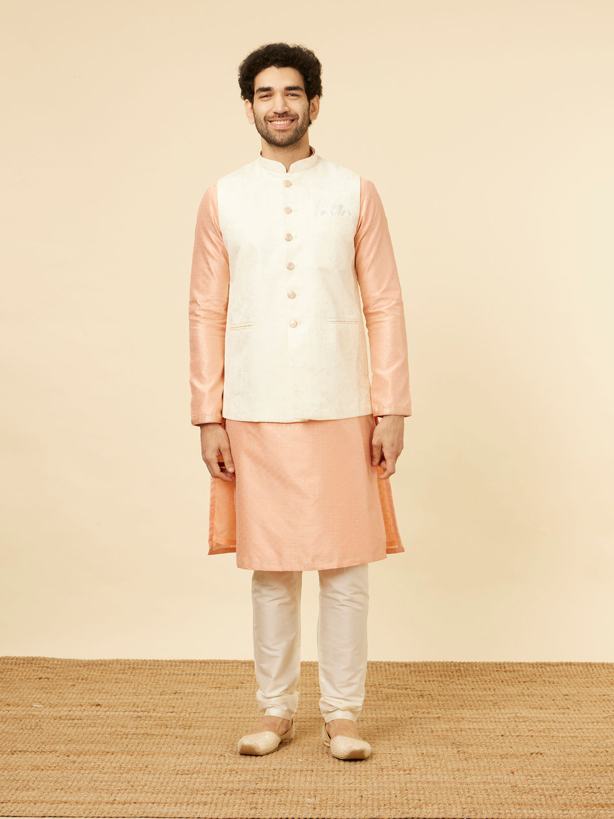 Manyavar Men Cream Marble Print Jacket