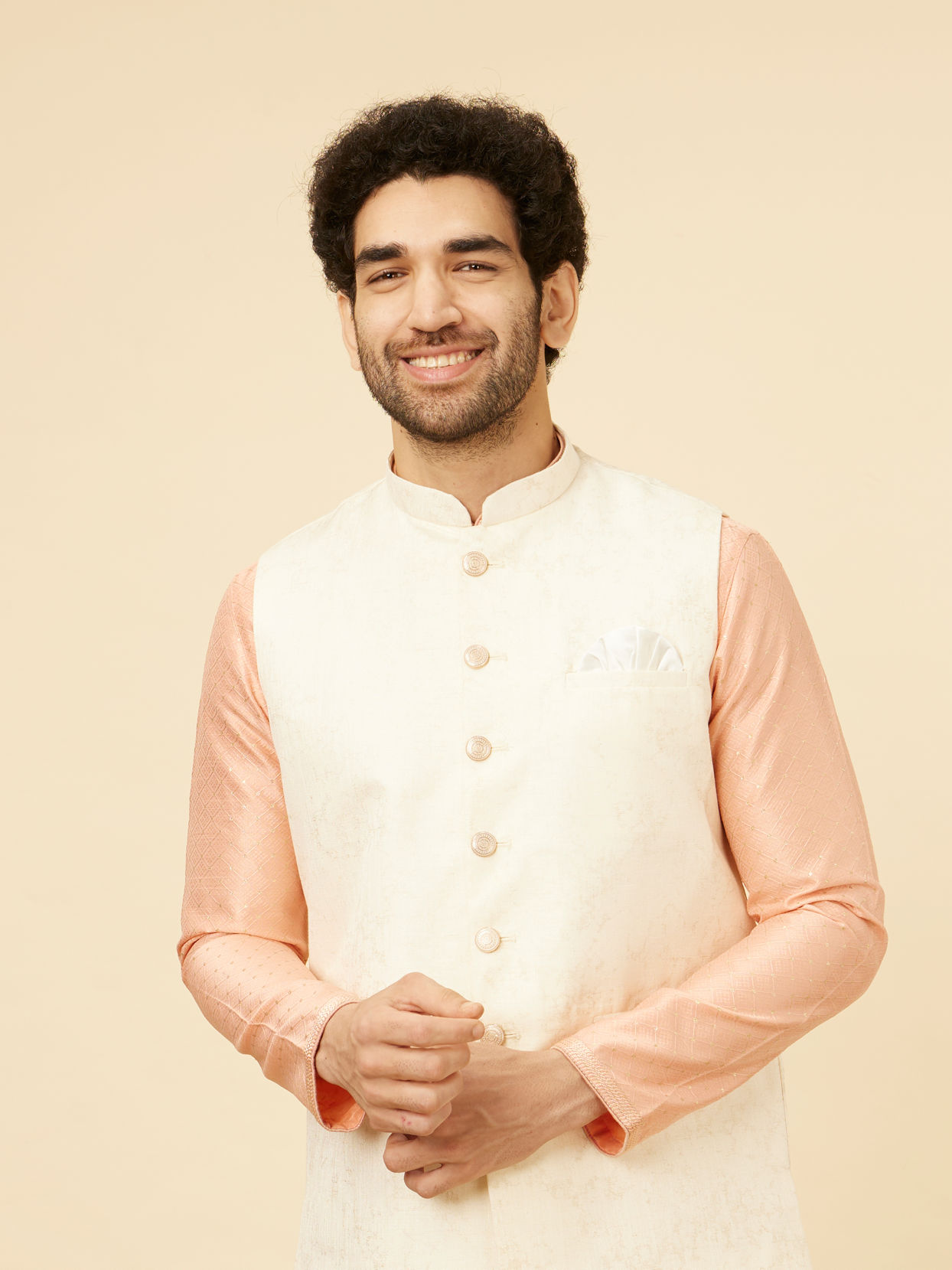 Manyavar Men Cream Marble Print Jacket