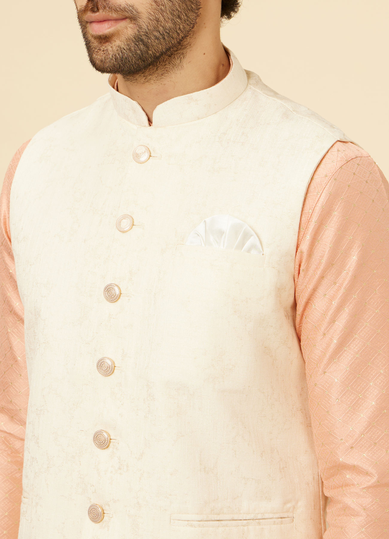 Manyavar Men Cream Marble Print Jacket