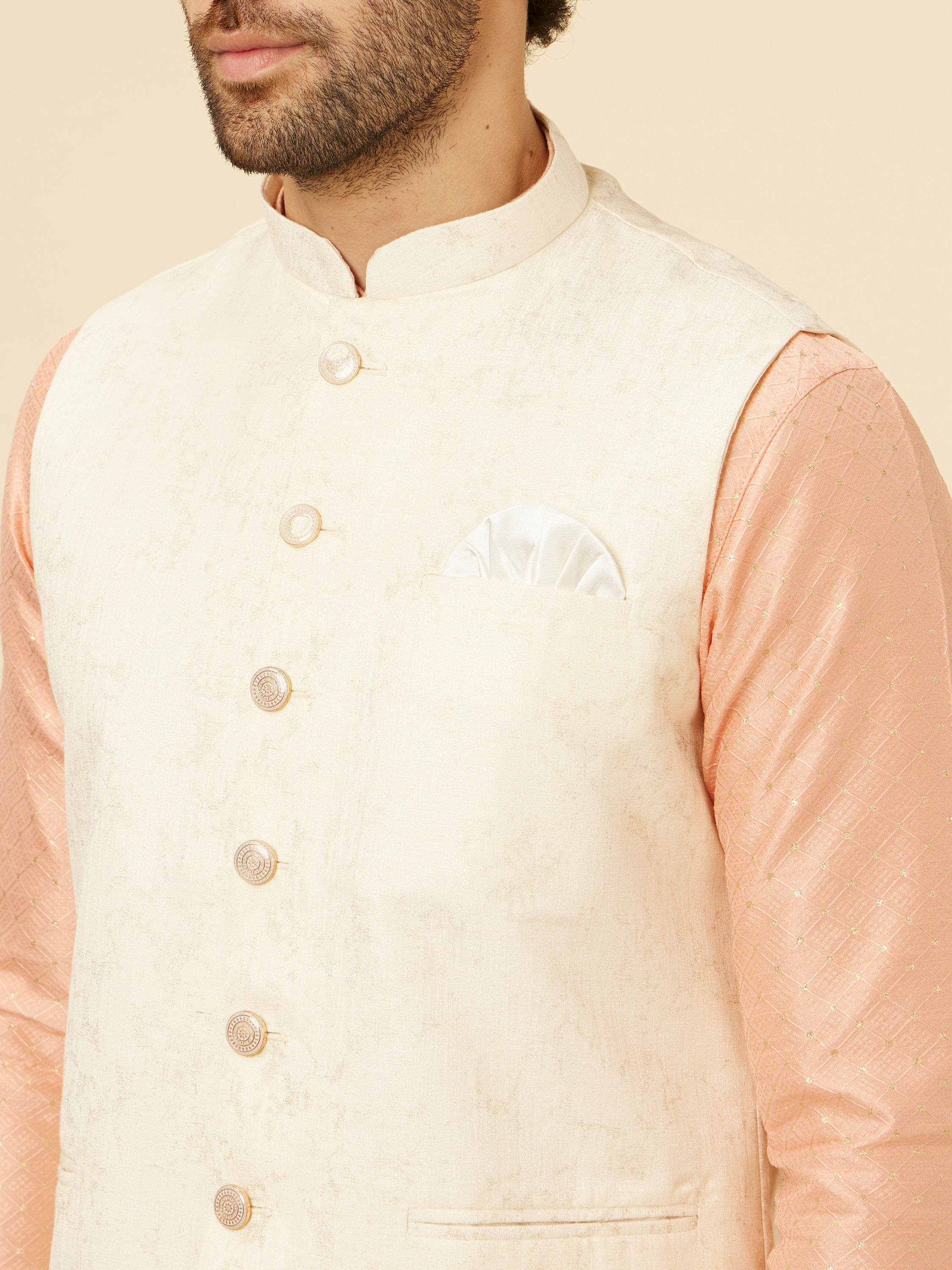 Manyavar Men Cream Marble Print Jacket