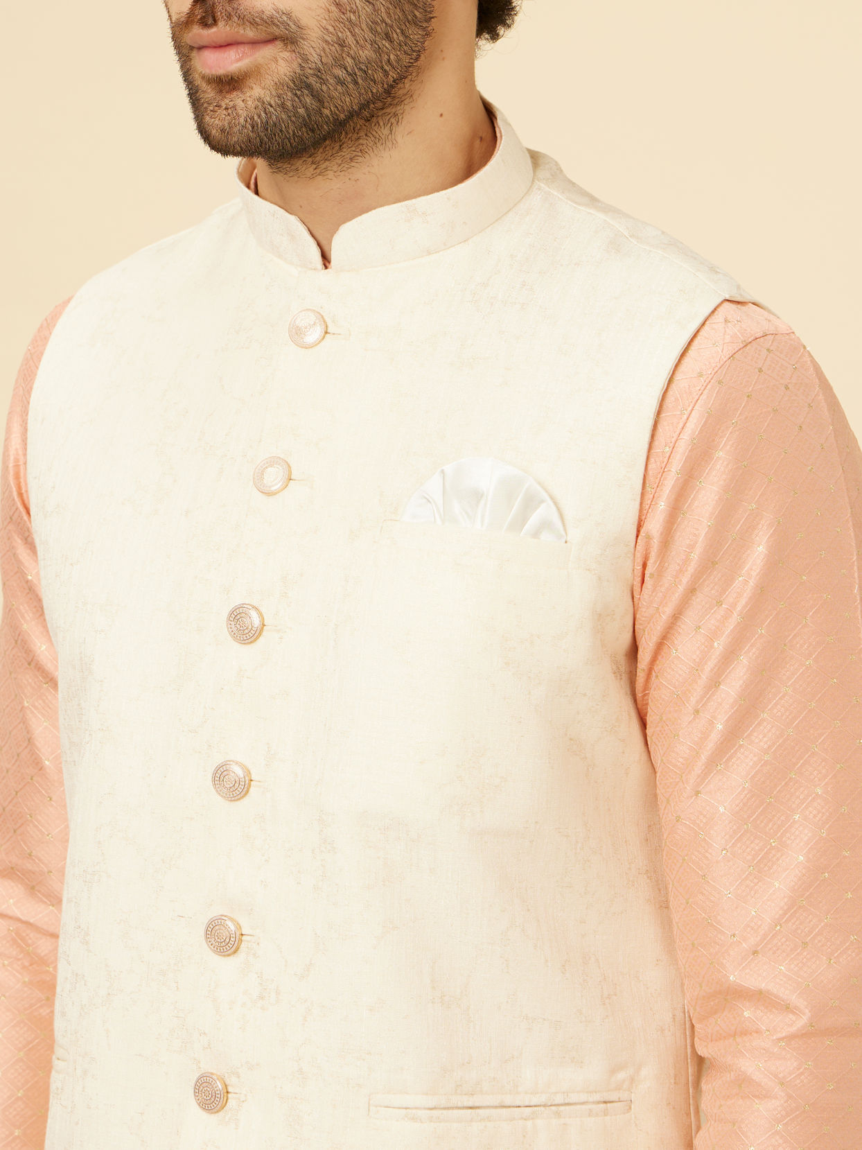 Manyavar Men Cream Marble Print Jacket image number 1