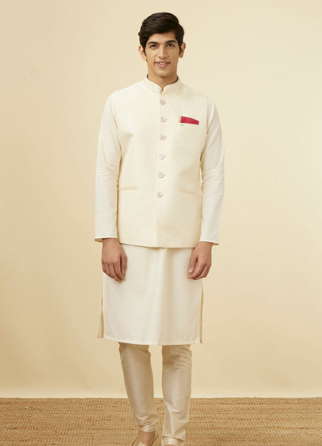 alt message - Manyavar Men Pearl White Bel Buti Patterned Jacket image number 2