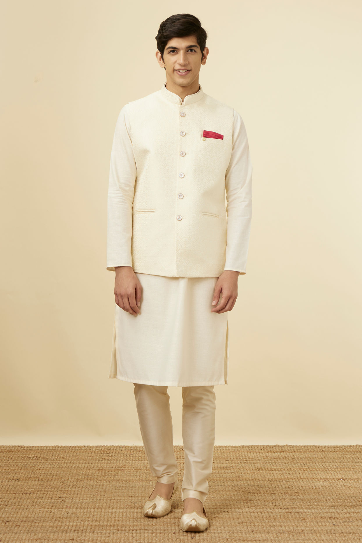 Manyavar Men Pearl White Bel Buti Patterned Jacket