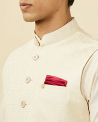 Manyavar Men Pearl White Bel Buti Patterned Jacket