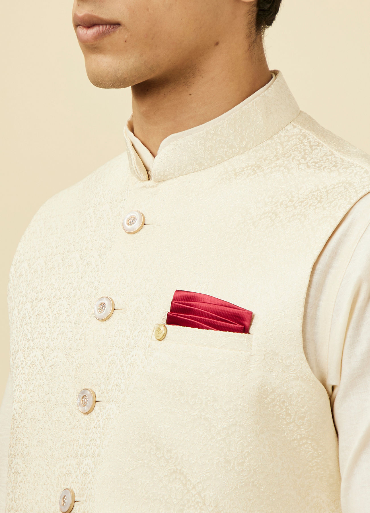 Manyavar Men Pearl White Bel Buti Patterned Jacket