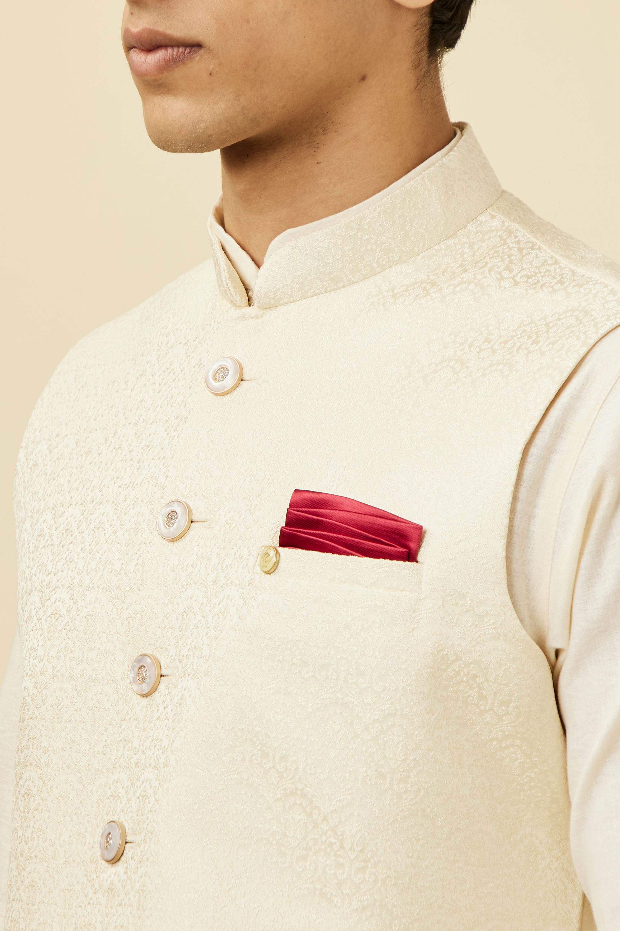 Manyavar Men Pearl White Bel Buti Patterned Jacket