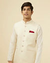 alt message - Manyavar Men Pearl White Bel Buti Patterned Jacket image number 0