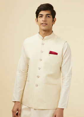 alt message - Manyavar Men Pearl White Bel Buti Patterned Jacket