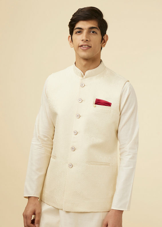 Manyavar Men Pearl White Bel Buti Patterned Jacket