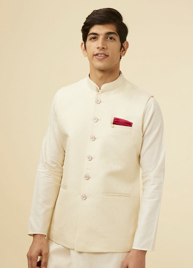 alt message - Manyavar Men Pearl White Bel Buti Patterned Jacket image number 0