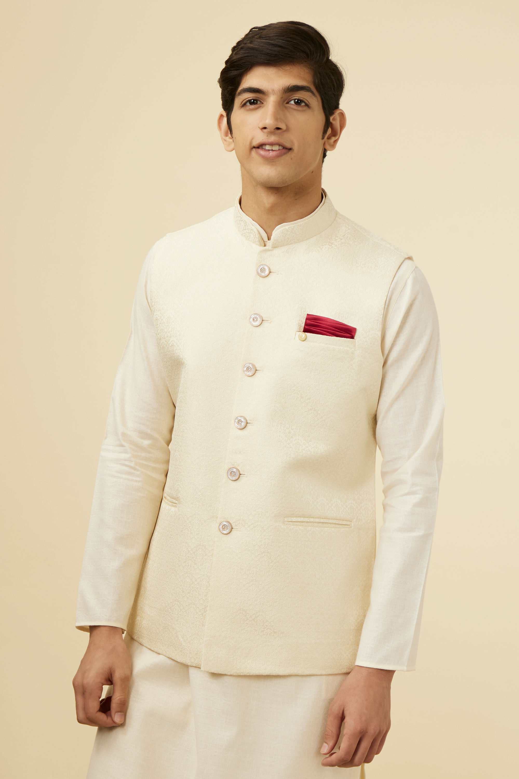 Manyavar Men Pearl White Bel Buti Patterned Jacket