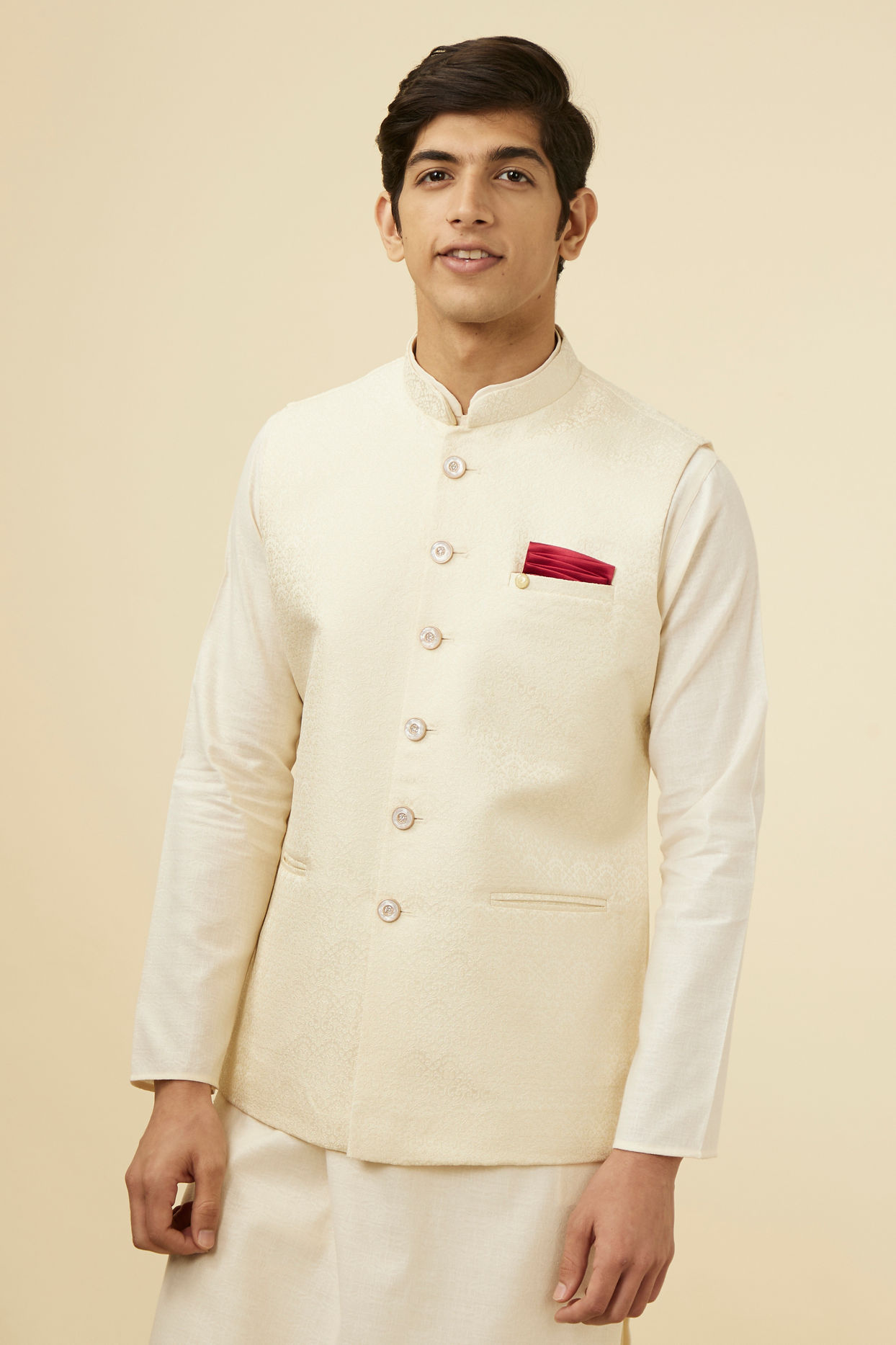 Manyavar Men Pearl White Bel Buti Patterned Jacket