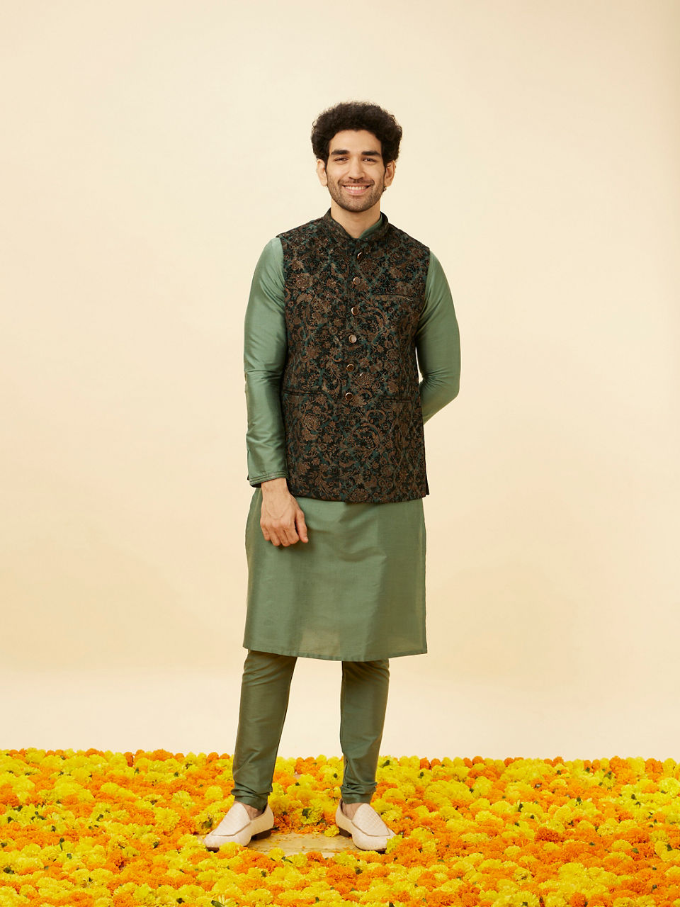 Manyavar Men Bottle Green Bel Buti Patterned Jacket