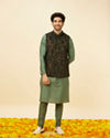 alt message - Manyavar Men Bottle Green Bel Buti Patterned Jacket image number 2