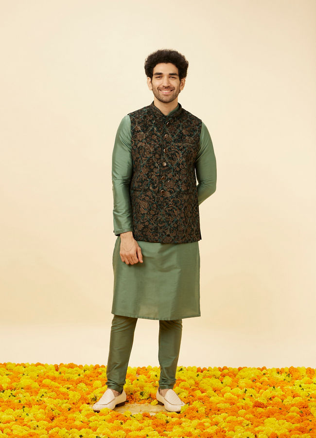 Manyavar Men Bottle Green Bel Buti Patterned Jacket