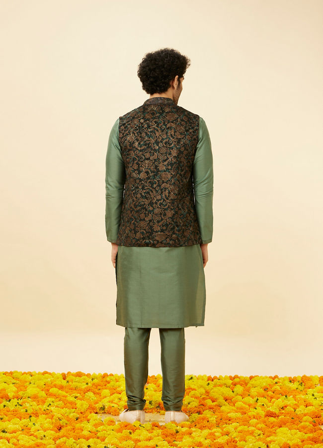 Manyavar Men Bottle Green Bel Buti Patterned Jacket
