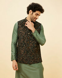 Manyavar Men Bottle Green Bel Buti Patterned Jacket