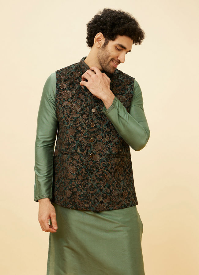 alt message - Manyavar Men Bottle Green Bel Buti Patterned Jacket image number 0