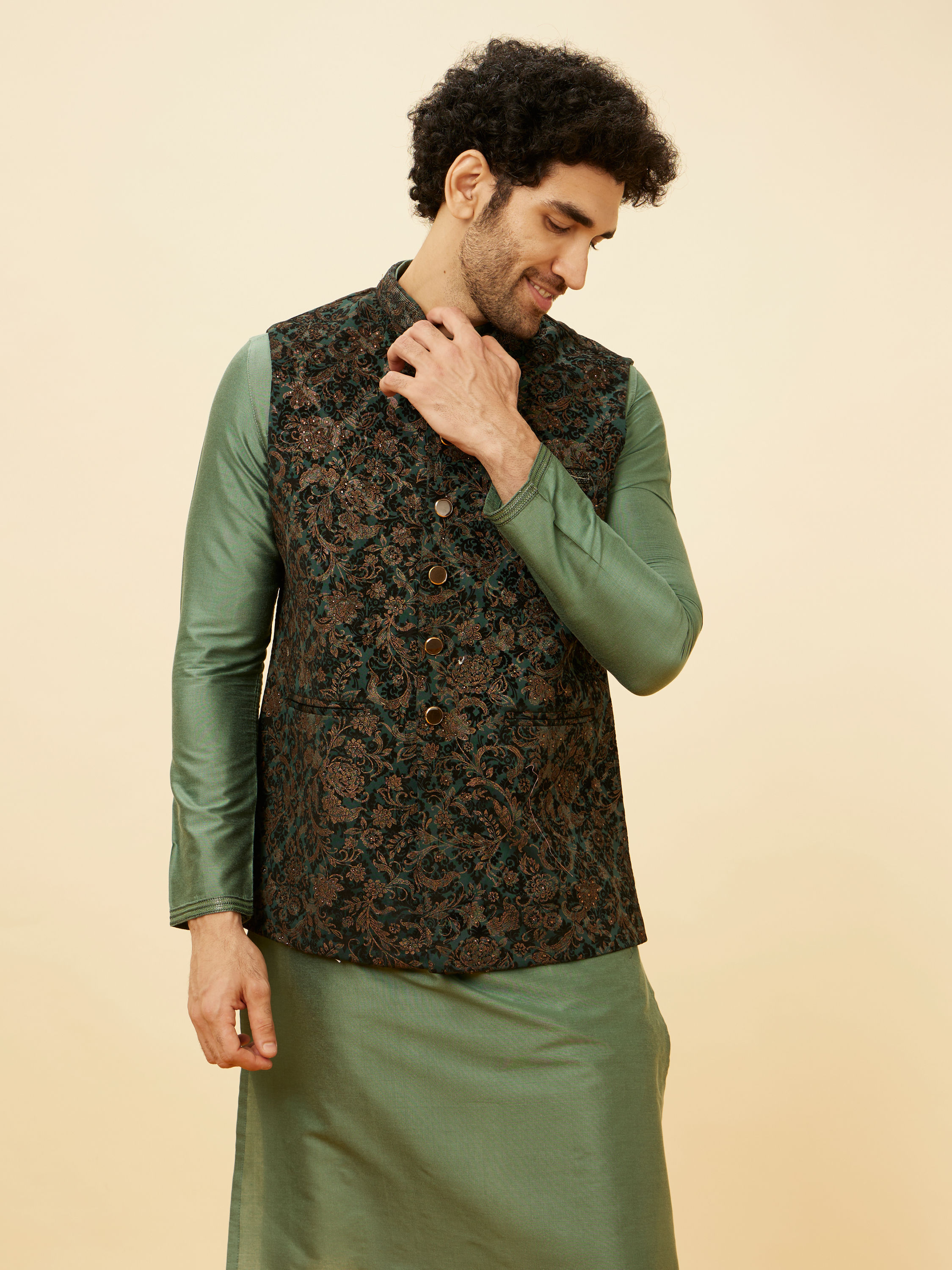 Manyavar Men Bottle Green Bel Buti Patterned Jacket