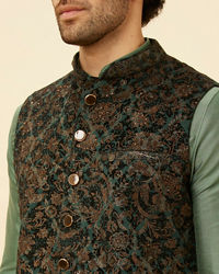 Manyavar Men Bottle Green Bel Buti Patterned Jacket