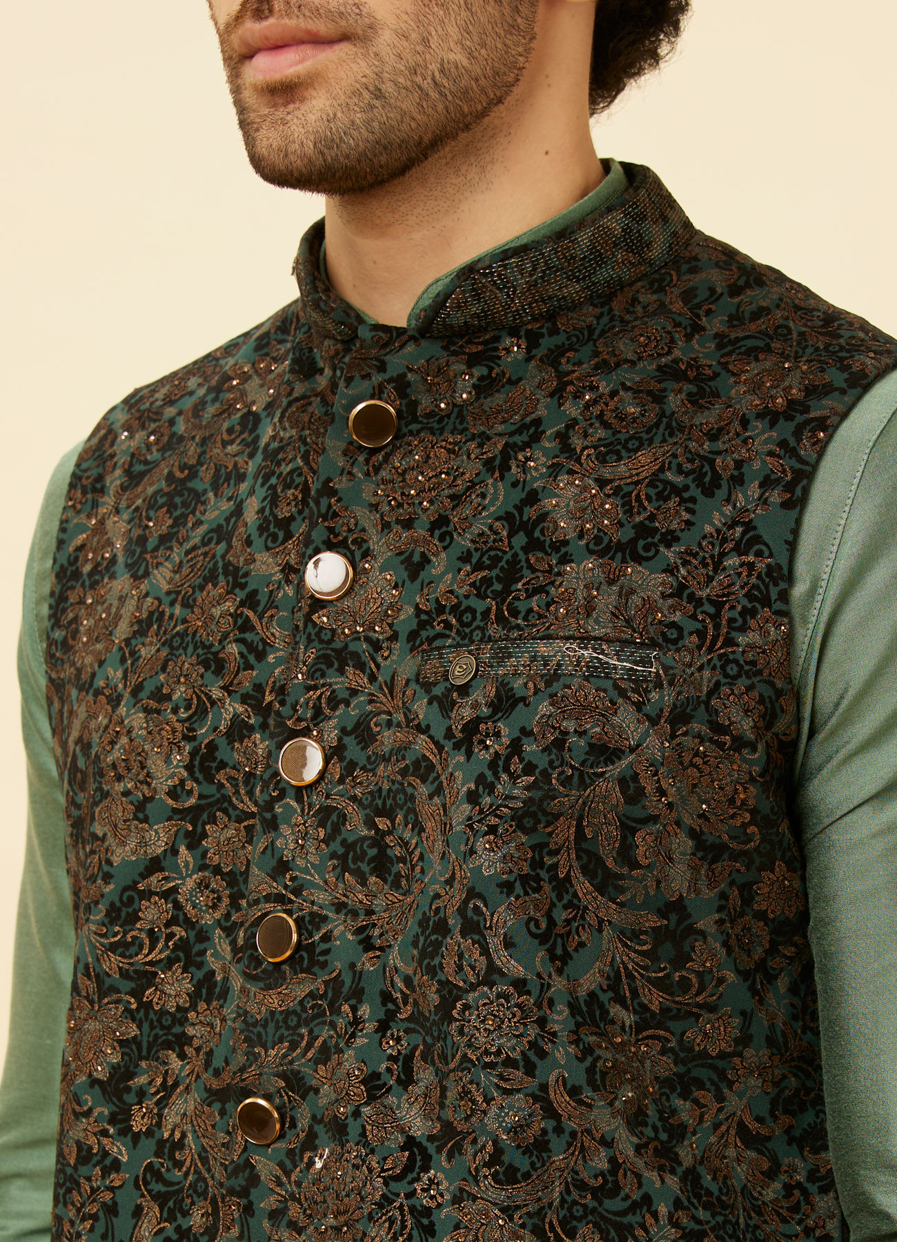 Manyavar Men Bottle Green Bel Buti Patterned Jacket