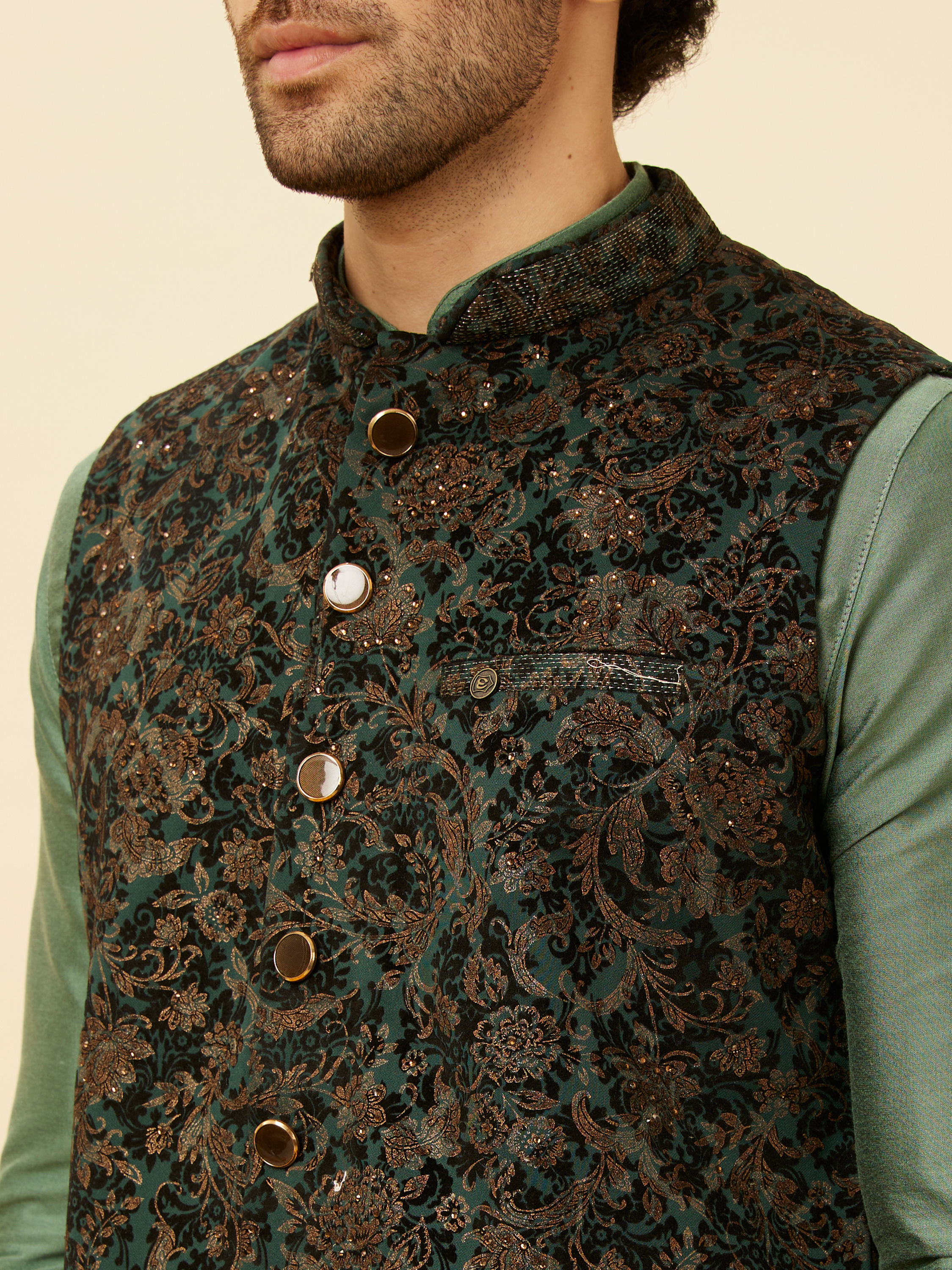 Manyavar Men Bottle Green Bel Buti Patterned Jacket