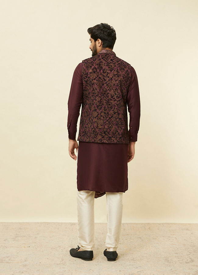 Manyavar Men Mauve Wine Bel Buti Patterned Jacket
