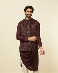 Manyavar Men Mauve Wine Bel Buti Patterned Jacket