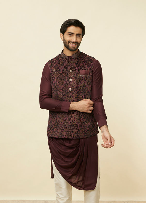 Manyavar Men Mauve Wine Bel Buti Patterned Jacket