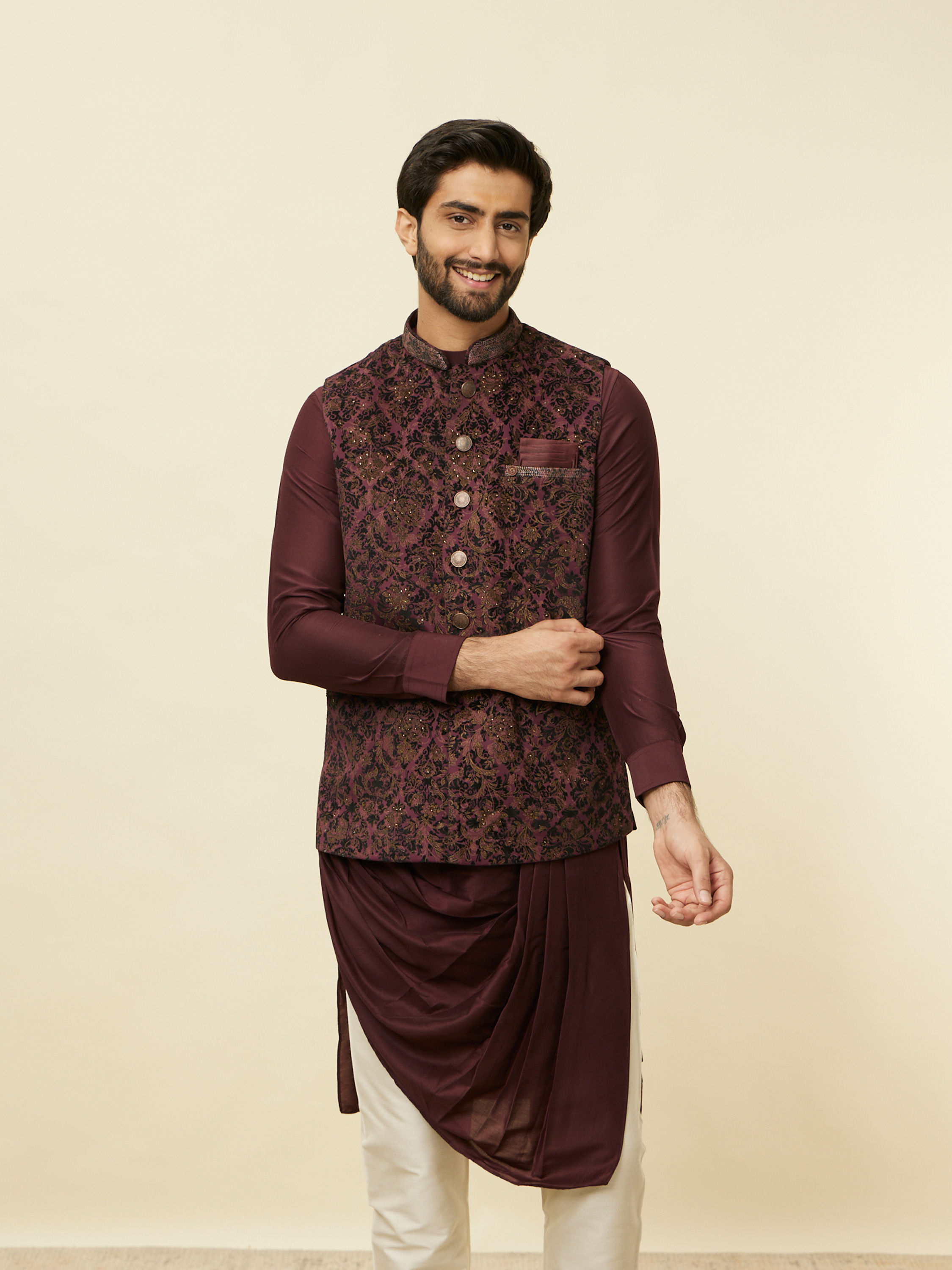 Manyavar Men Mauve Wine Bel Buti Patterned Jacket