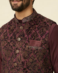 Manyavar Men Mauve Wine Bel Buti Patterned Jacket