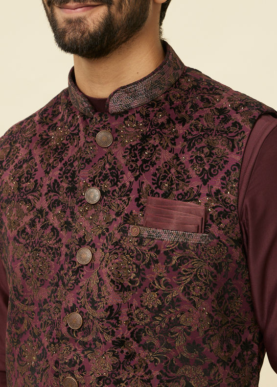 Manyavar Men Mauve Wine Bel Buti Patterned Jacket